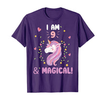 Load image into Gallery viewer, I am 9 &amp; Magical tee Happy Birthday 9 Years Old Unicorn Gift T-Shirt
